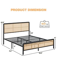 gaomon Full Size Rattan Bed Frame with Led Light Headboard, Bohemian Style Cane Boho Bed Frames