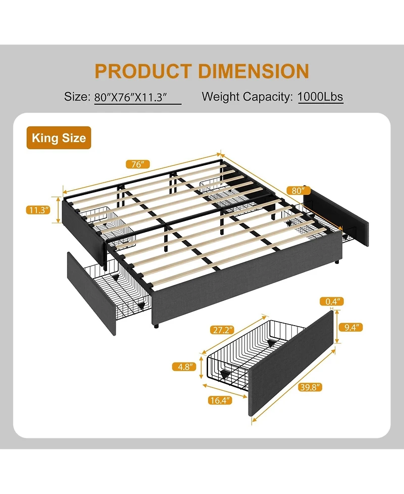 gaomon King Size Platform Bed Frame with 4 Storage Drawers,No Fixed Headboard