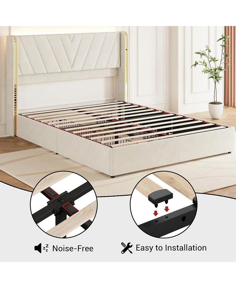 gaomon Queen Upholstered Led Bed Frame with 4 Storage Drawers