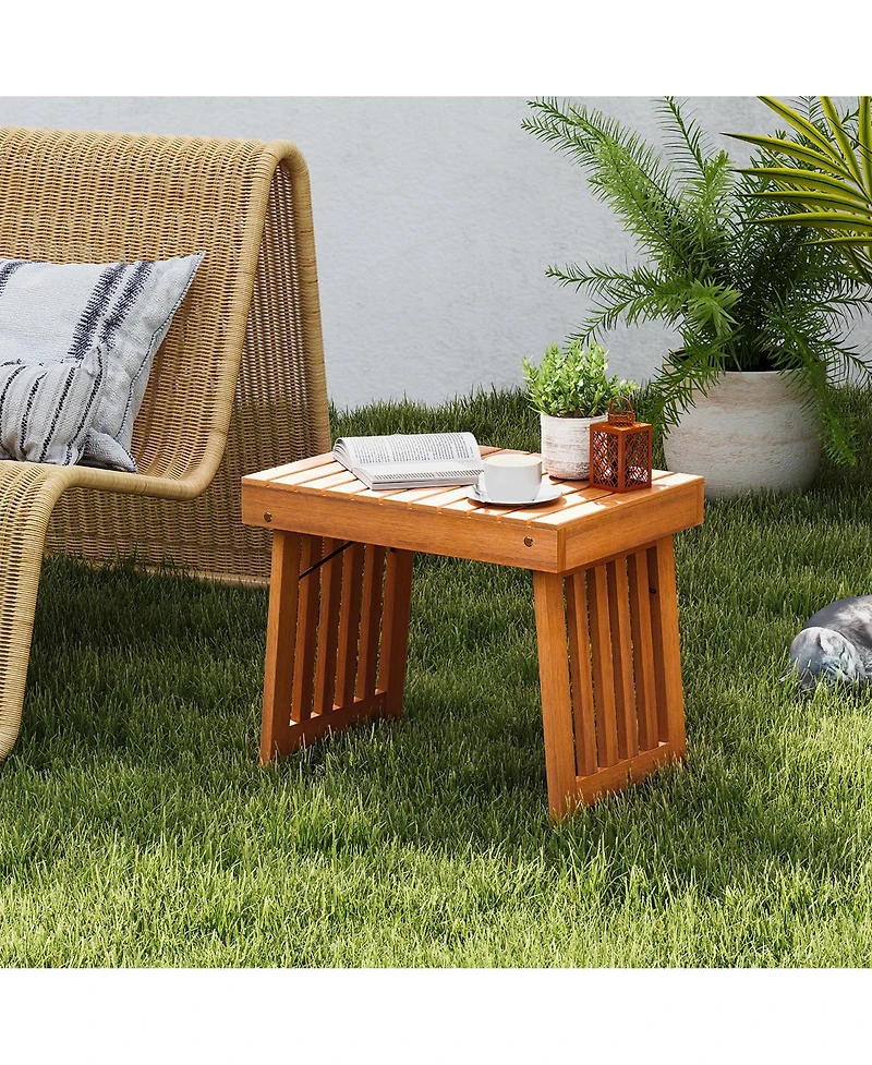 Gymax Outdoor Folding Side Table Patio Acacia Wood End Table with Slatted Tabletop