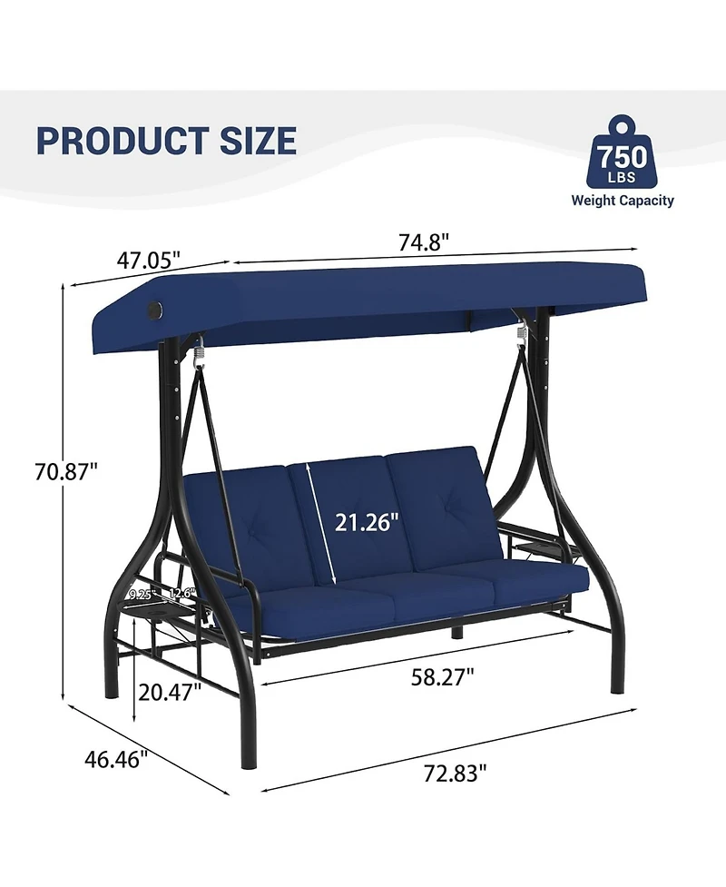 GarveeLife 3-Person Outdoor Swing Chair with Adjustable Canopy, Convertible Swing Bed, Soft Cushions, Cup Holders, All-Weather Steel Frame