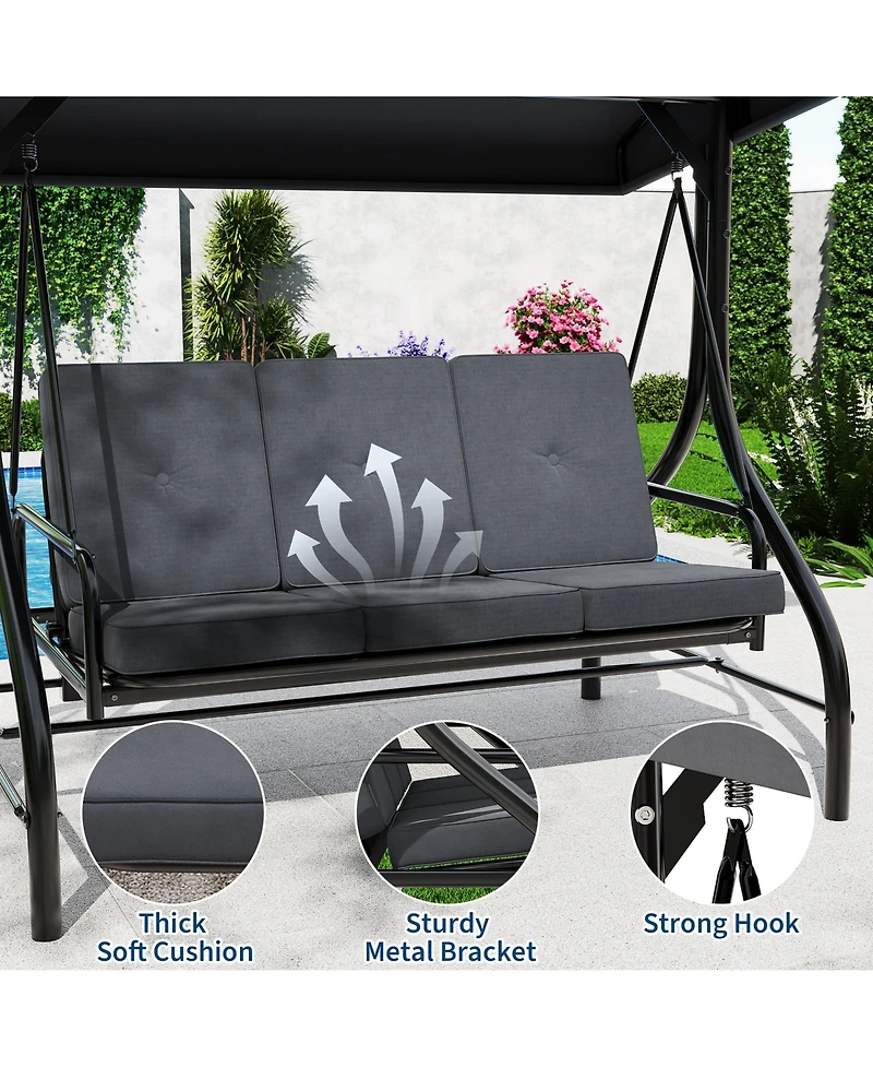 GarveeLife 3-Seat Outdoor Patio Swing Chair with Adjustable Canopy and Reclining Backrest Heavy Duty Metal Frame