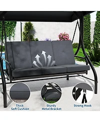 GarveeLife 3-Seat Outdoor Patio Swing Chair with Adjustable Canopy and Reclining Backrest Heavy Duty Metal Frame