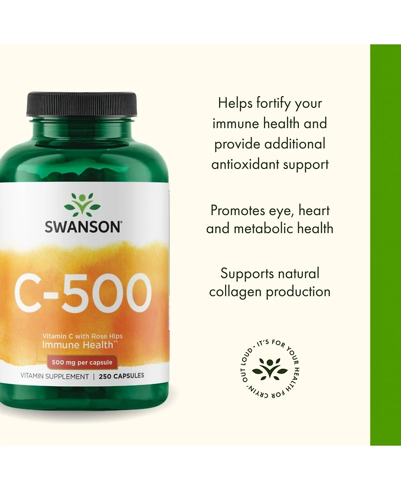 Swanson Vitamin C 500 Herbal Supplement for Skin, Heart and Immune Support quality Formula for Defense and Wellness 250 Capsules, 500 Milligram Each