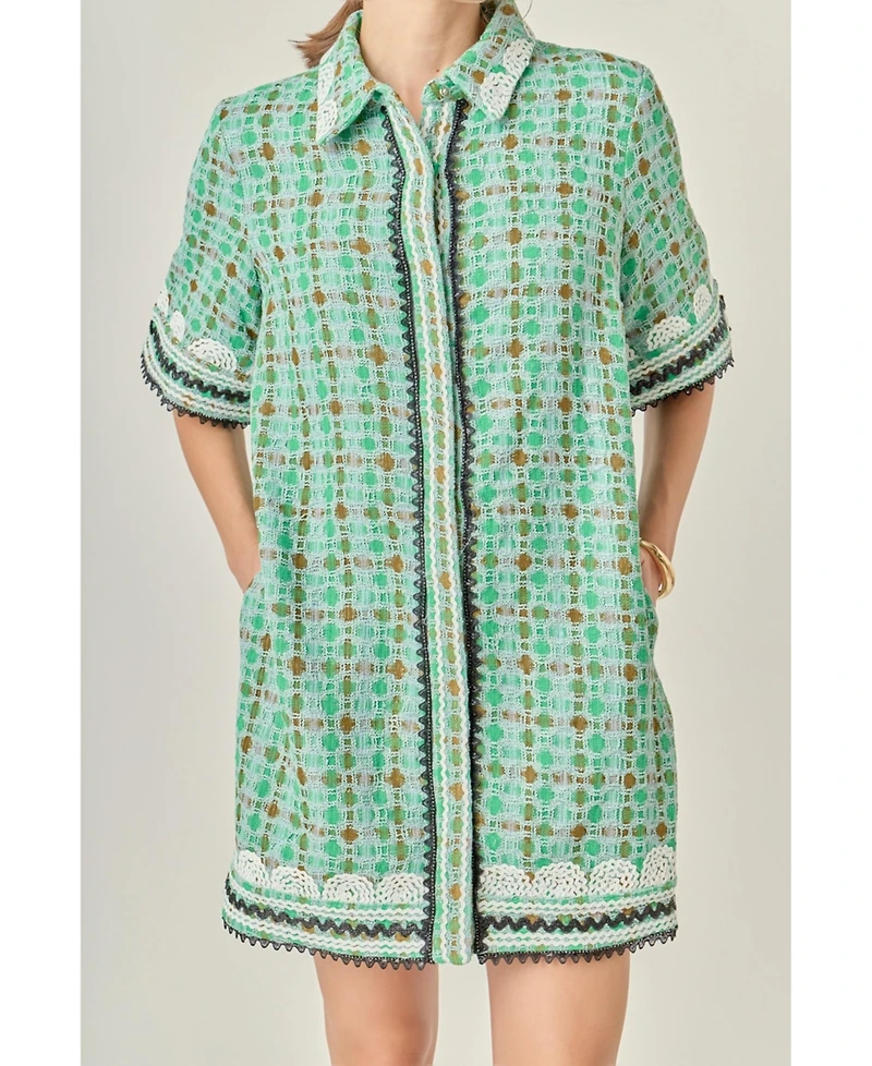 English Factory Women's Boucle Mini Shirt Dress with Ric Rac Trim