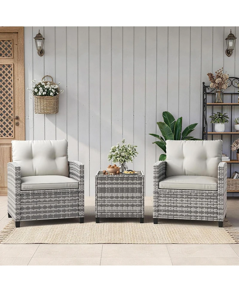 GarveeLife 3-Piece Pe Rattan Patio Conversation Set with Cushions Outdoor Wicker Chairs and Tempered Glass Coffee Table