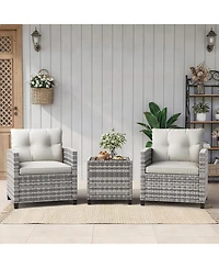 GarveeLife 3-Piece Pe Rattan Patio Conversation Set with Cushions Outdoor Wicker Chairs and Tempered Glass Coffee Table