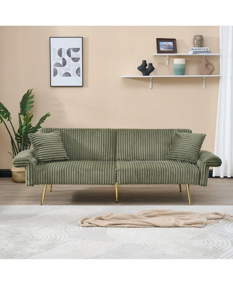 Maison Boucle 79'' Corduroy Sofa Bed Futon, Fold-Down 2-Seater Sleeper, 2 Pillows