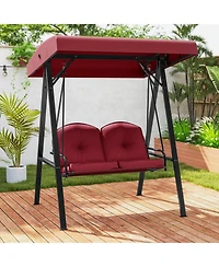 Sugift 2-Person Outdoor Porch Swing with A-Shaped Metal Stand and Adjustable Canopy