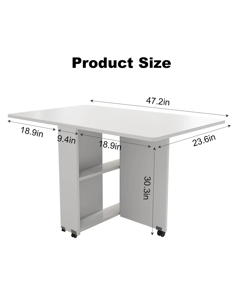Rainsken Folding Dining Table, Drop Leaf Table with 6 Wheels and 2-Layer Storage Shelf for Small Spaces, Modern Rectangular Kitchen Dining Table