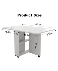 Rainsken Folding Dining Table, Drop Leaf Table with 6 Wheels and 2-Layer Storage Shelf for Small Spaces, Modern Rectangular Kitchen Dining Table