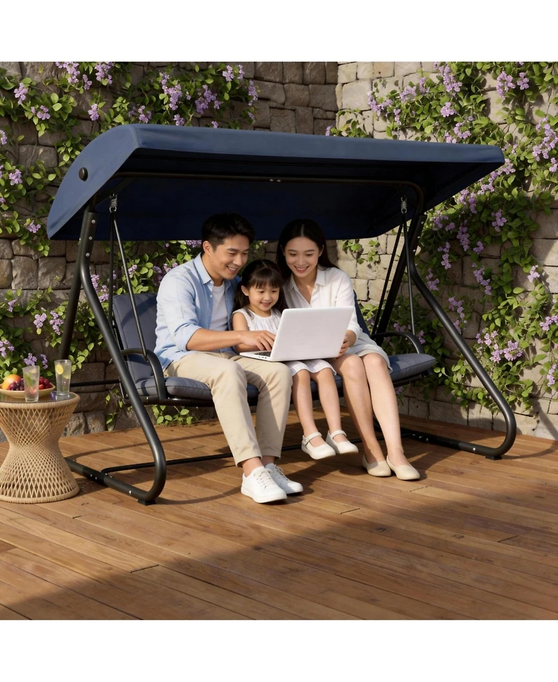 Homfan 3-Seat Outdoor Convertible Swing with Adjustable Canopy, 2-in-1 Bench/Bed, Cushions, 750 lb Capacity