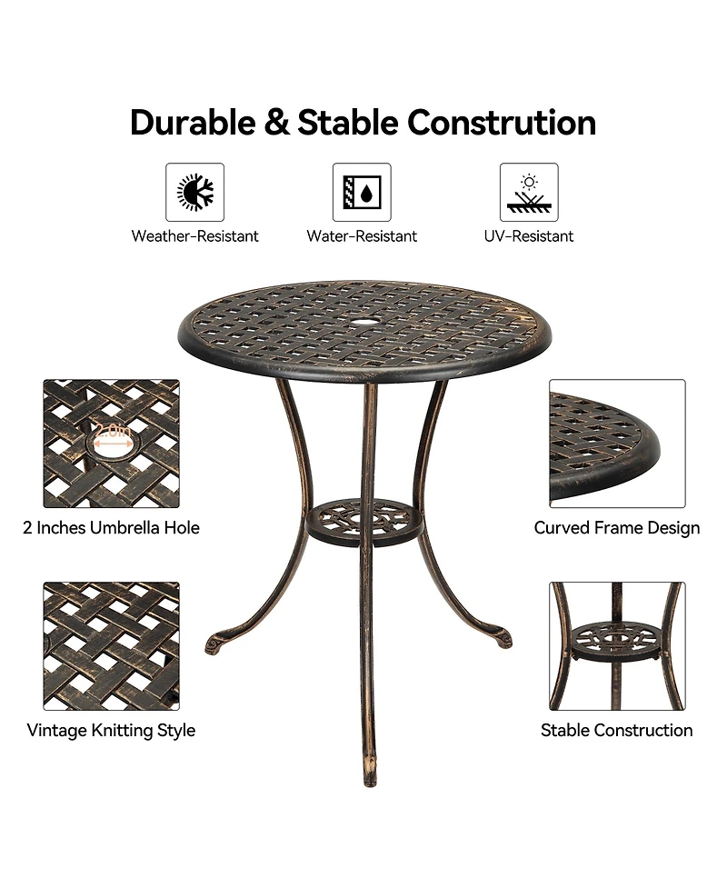 homfan 24-Inch Cast Aluminum Outdoor Patio Bistro Table, Weather-Resistant Round Dining Table w/ Umbrella Hole and Floral Lattice Design