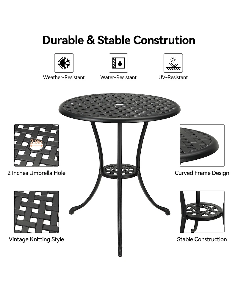 homfan 24-Inch Cast Aluminum Outdoor Patio Bistro Table, Weather-Resistant Round Dining Table w/ Umbrella Hole and Floral Lattice Design