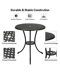 homfan 24-Inch Cast Aluminum Outdoor Patio Bistro Table, Weather-Resistant Round Dining Table w/ Umbrella Hole and Floral Lattice Design