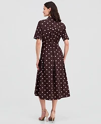 T Tahari Women's Elbow-Sleeve Button-Front Tie-Waist Dress