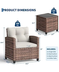 GarveeLife 3-Piece Pe Rattan Patio Conversation Set with Cushions Outdoor Wicker Chairs and Tempered Glass Coffee Table