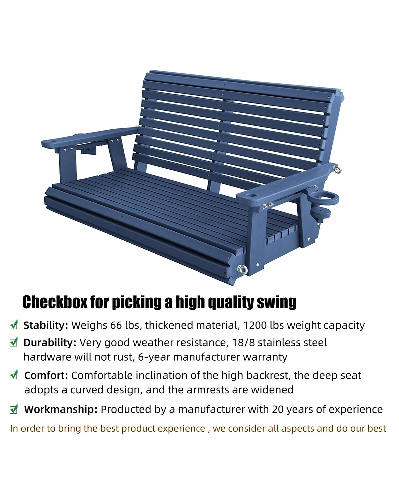 Mega Casa 2 Seater 4 Ft Hdpe Porch Swing with 18/8 Stainless Steel Bolts, Ergonomic Design, Ultra Weather-Resistant, for Outdoor Patio Garden Yard