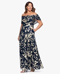 Betsy & Adam Plus Printed Off-The-Shoulder Ball Gown