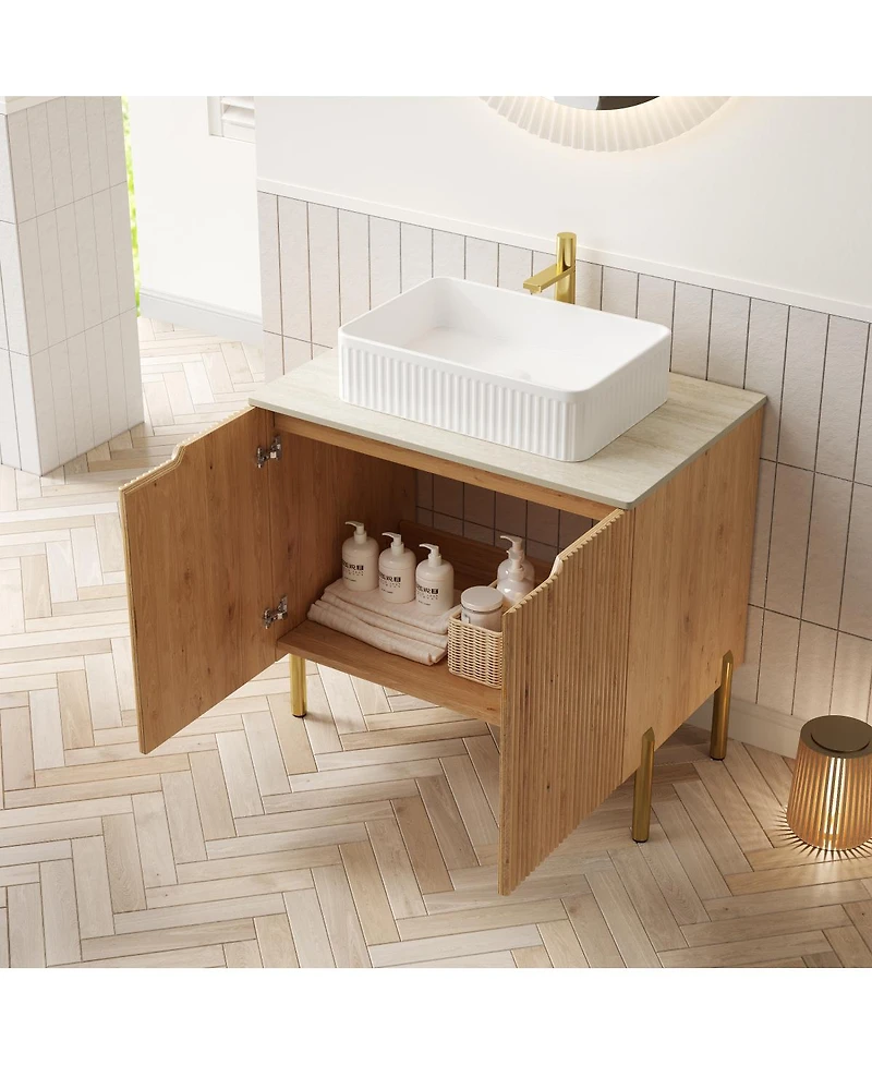 Sillysis Freestanding Bathroom Vanity, Sintered Stone Countertop, Glossy Ceramic Basin, Soft Close Door Cabinet