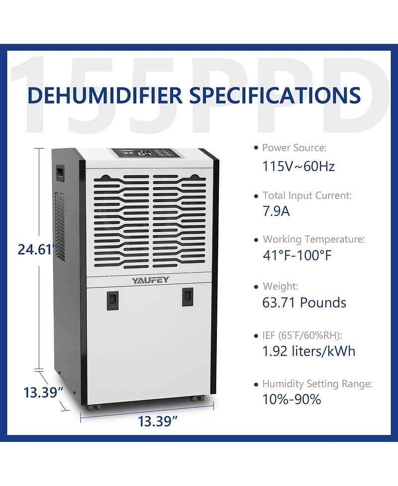 Yaufey Large Commercial 155 Pints Dehumidifier-Spaces Up To 8,000 Square Feet