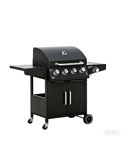 Yiortwo 4+1 Burner Liquid Propane Gas Grill with Side Burner, Wheels and Storage Cabinet