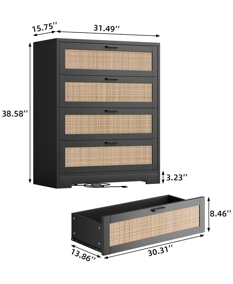 gaomon 4 Drawer Rattan Dresser with Power Outlets, Wood Chest for Bedroom