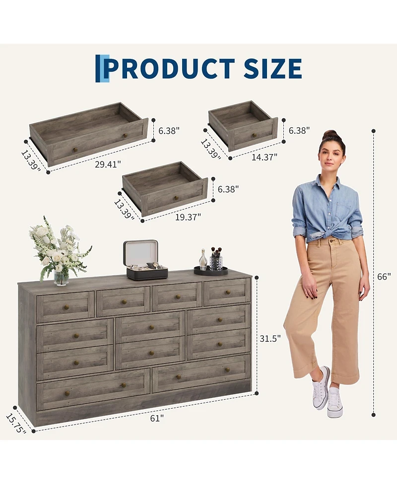 gaomon 12 Drawer Wide Wood Dresser for Bedroom, 65" Tv Stand Storage Cabinet Clothes Organizer for Living Room
