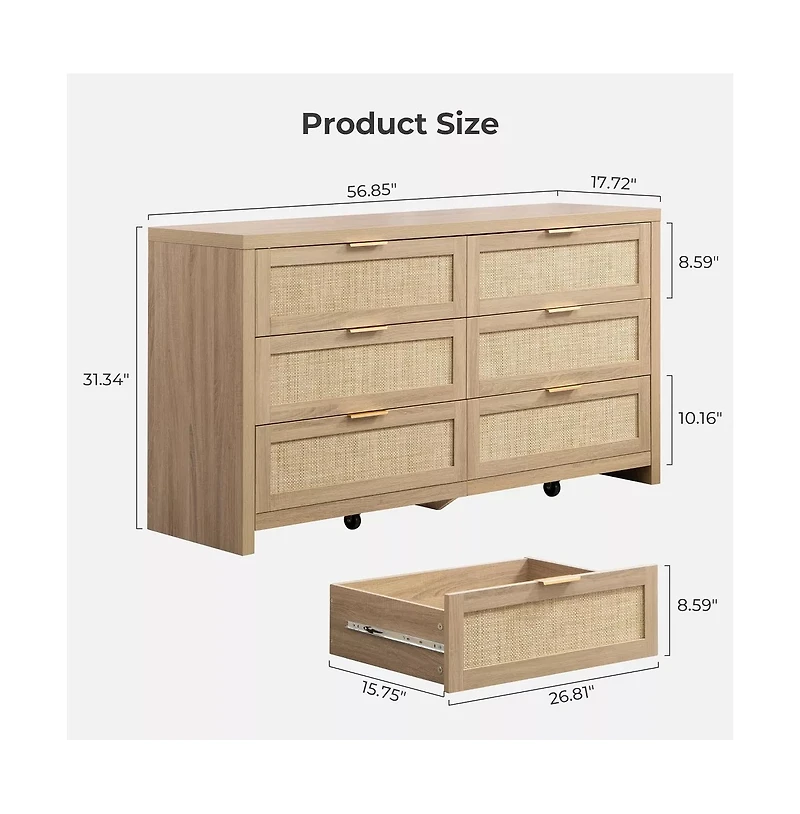 gaomon Rattan 6 Drawer Dresser, 57" Wide Boho Wooden Storage Chest, Tv Stand for Bedroom or Living Room