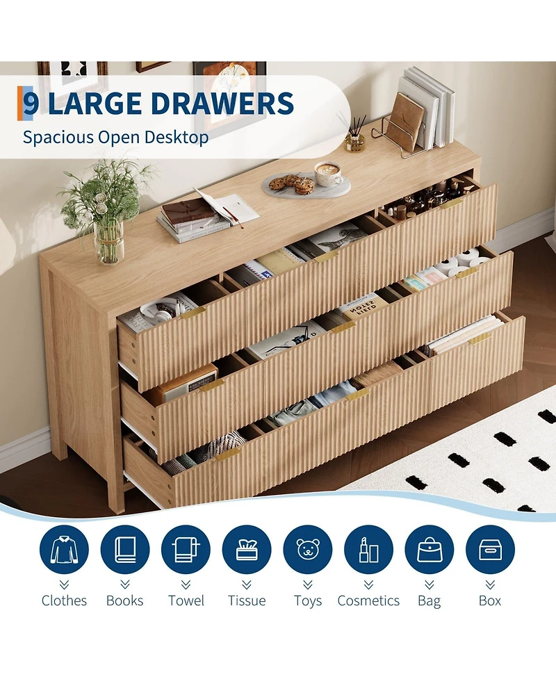 gaomon 58.5" Wide Fluted 9 Drawer Dresser, Mid-Century Wood Storage Chest for Bedroom