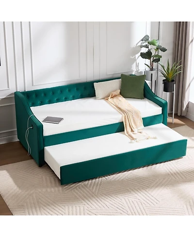 Streamdale Furniture Twin Upholstered Daybed with Trundle, Usb, Pockets, Velvet, Button Tufted