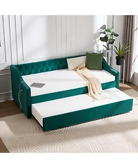 Streamdale Furniture Twin Upholstered Daybed with Trundle, Usb, Pockets, Velvet, Button Tufted