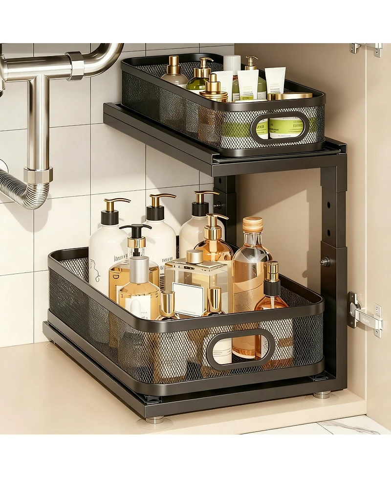 Yigii 2-Tier Under Cabinet Organizer with Ball-Bearing Slides for Easy Access & Adjustable Height