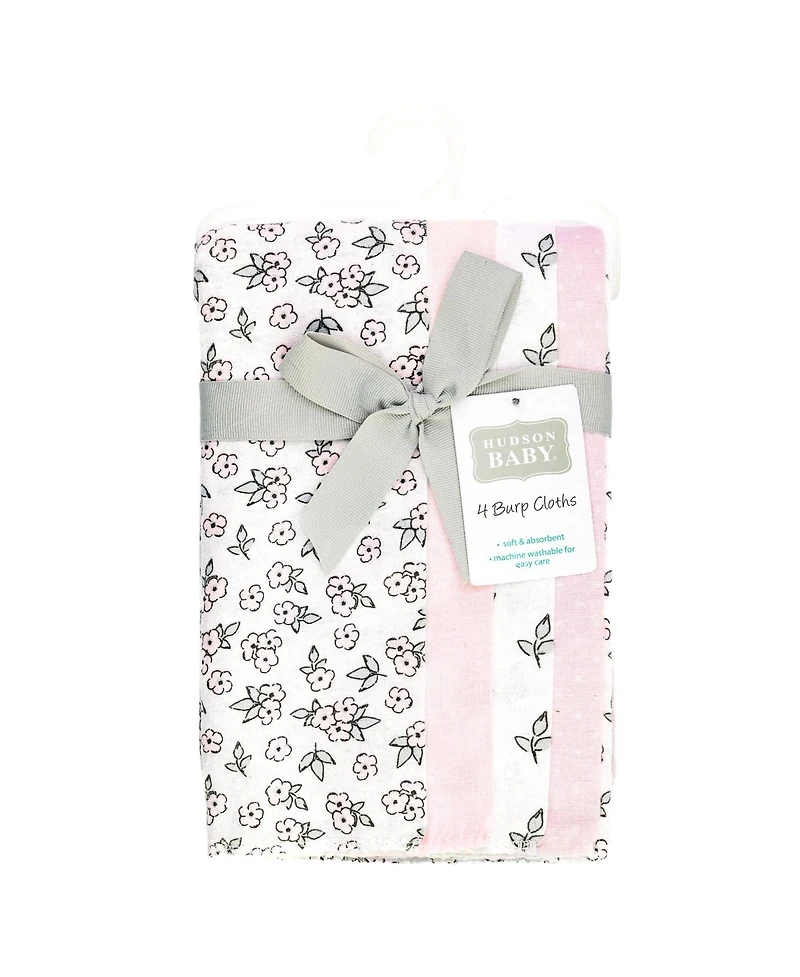 Hudson Baby Girl Cotton Poly Flannel Burp Cloths 4-Pack, One Size