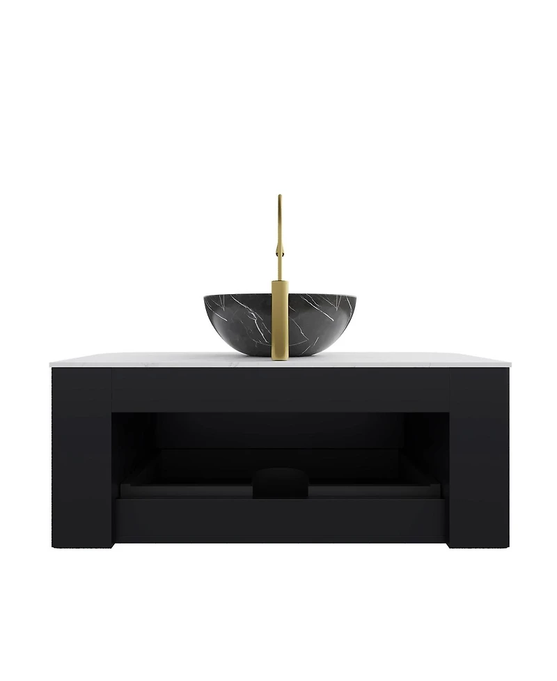 Sillysis Wall Mounted Bathroom Vanity, Artificial Marble Top with Bowl Sink, Striped Plywood Cabinet