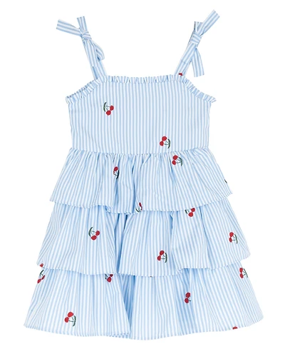 Rare Editions Girls' 2-6X Seersucker Gingham Cherry Embroidered 3 Tier Short Dress