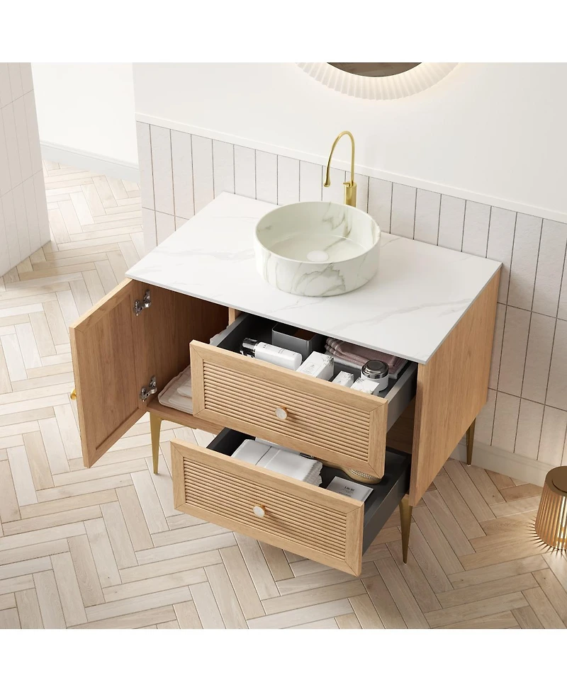 Sillysis Modern Bathroom Vanity with Round Ceramic Basin, Carrara Sintered Stone Countertop, 2 Drawers and 1 Door