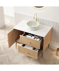 Sillysis Modern Bathroom Vanity with Round Ceramic Basin, Carrara Sintered Stone Countertop, 2 Drawers and 1 Door