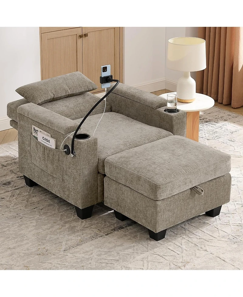 Rainsken Single Convertible Sleeper Chair and Ottoman Set, Accent Lounge Bed with Usb Charging Port and Phone Holder for Living Room
