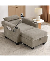 Rainsken Single Convertible Sleeper Chair and Ottoman Set, Accent Lounge Bed with Usb Charging Port and Phone Holder for Living Room