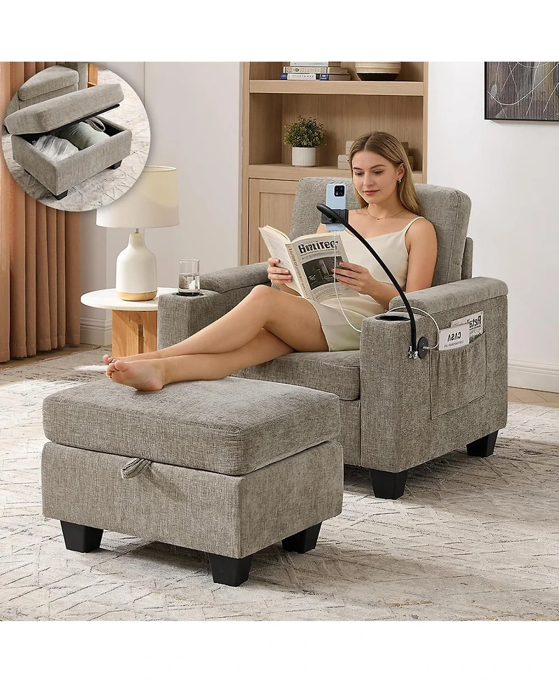 Rainsken Single Convertible Sleeper Chair and Ottoman Set, Accent Lounge Bed with Usb Charging Port and Phone Holder for Living Room