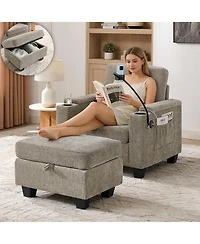 Rainsken Single Convertible Sleeper Chair and Ottoman Set, Accent Lounge Bed with Usb Charging Port and Phone Holder for Living Room