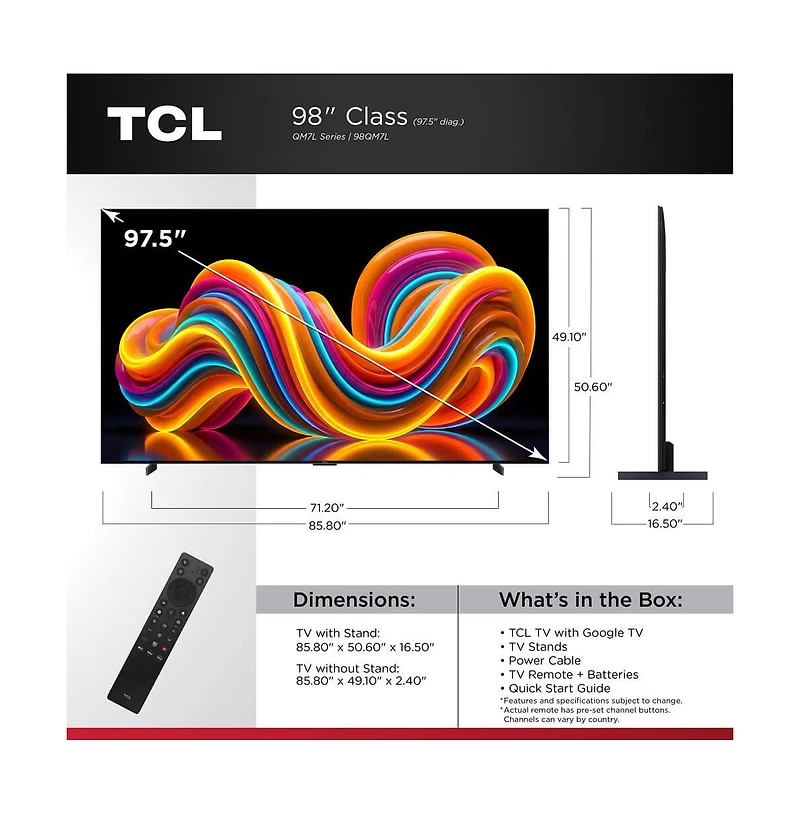 Tcl 98" QM7L Series 4K Mini Led Smart Google Tv Dolby Vision Hdr Gaming - 98QM7L