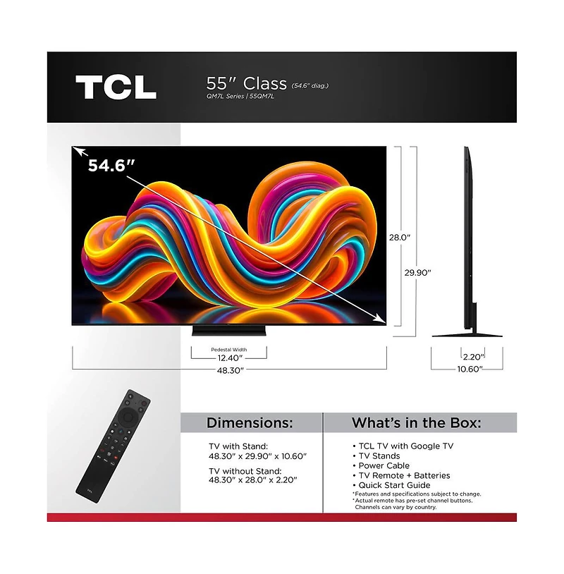 Tcl 55" QM7L Series 4K Mini Led Smart Google Tv Dolby Vision Hdr Gaming - 55QM7L