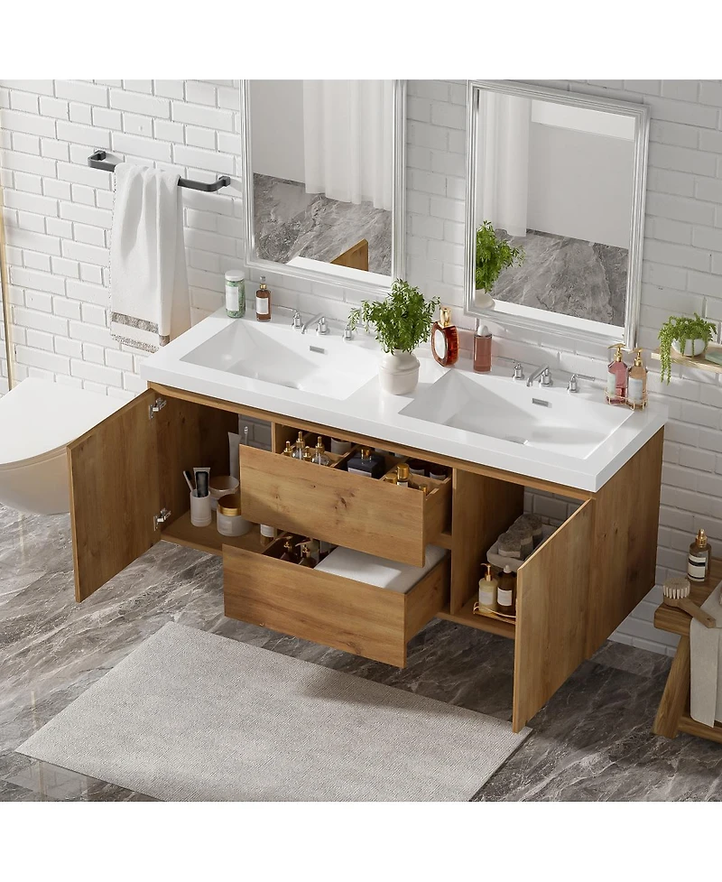 Sillysis 59.3 Inches Double Sink Wall Mounted Bathroom Vanity, Smc Countertop with Soft Close Drawers for Modern Bath