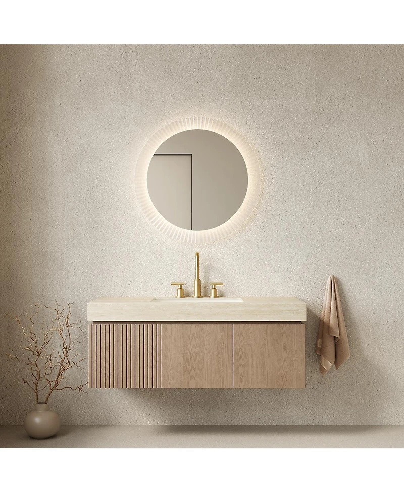 Sillysis Wall Mounted Bathroom Vanity, Travertine Pattern Sintered Stone Top, 3-Hole Ceramic Sink, Soft Close Cabinet