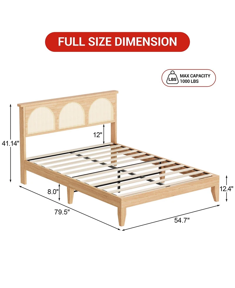 homfan Platform Bed with Rattan Headboard and Adjustable Rgb Led, Wood Slat Support, Noise-Reducing Design