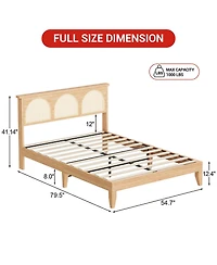 homfan Platform Bed with Rattan Headboard and Adjustable Rgb Led, Wood Slat Support, Noise-Reducing Design