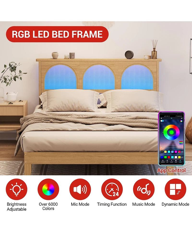 homfan Platform Bed with Rattan Headboard and Adjustable Rgb Led, Wood Slat Support, Noise-Reducing Design