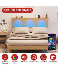 homfan Platform Bed with Rattan Headboard and Adjustable Rgb Led, Wood Slat Support, Noise-Reducing Design